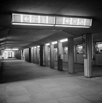 170733 Afbeelding van pictogrammen in de nieuwe huisstijl van N.S. in de perrontunnel van het N.S.-station Leiden.